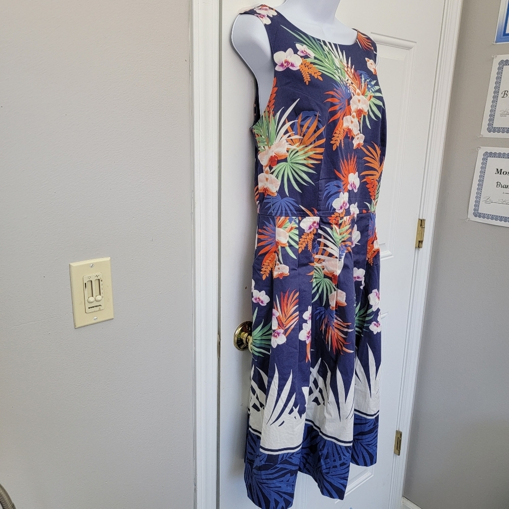Talbots Tropical Print Sleeveless Lined A Line Dress Blue Orange Pleated Size 8 - Picture 7 of 15